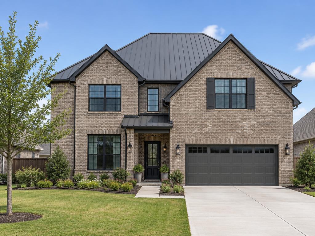Brick two-story home with a slate grey standing seam metal roof